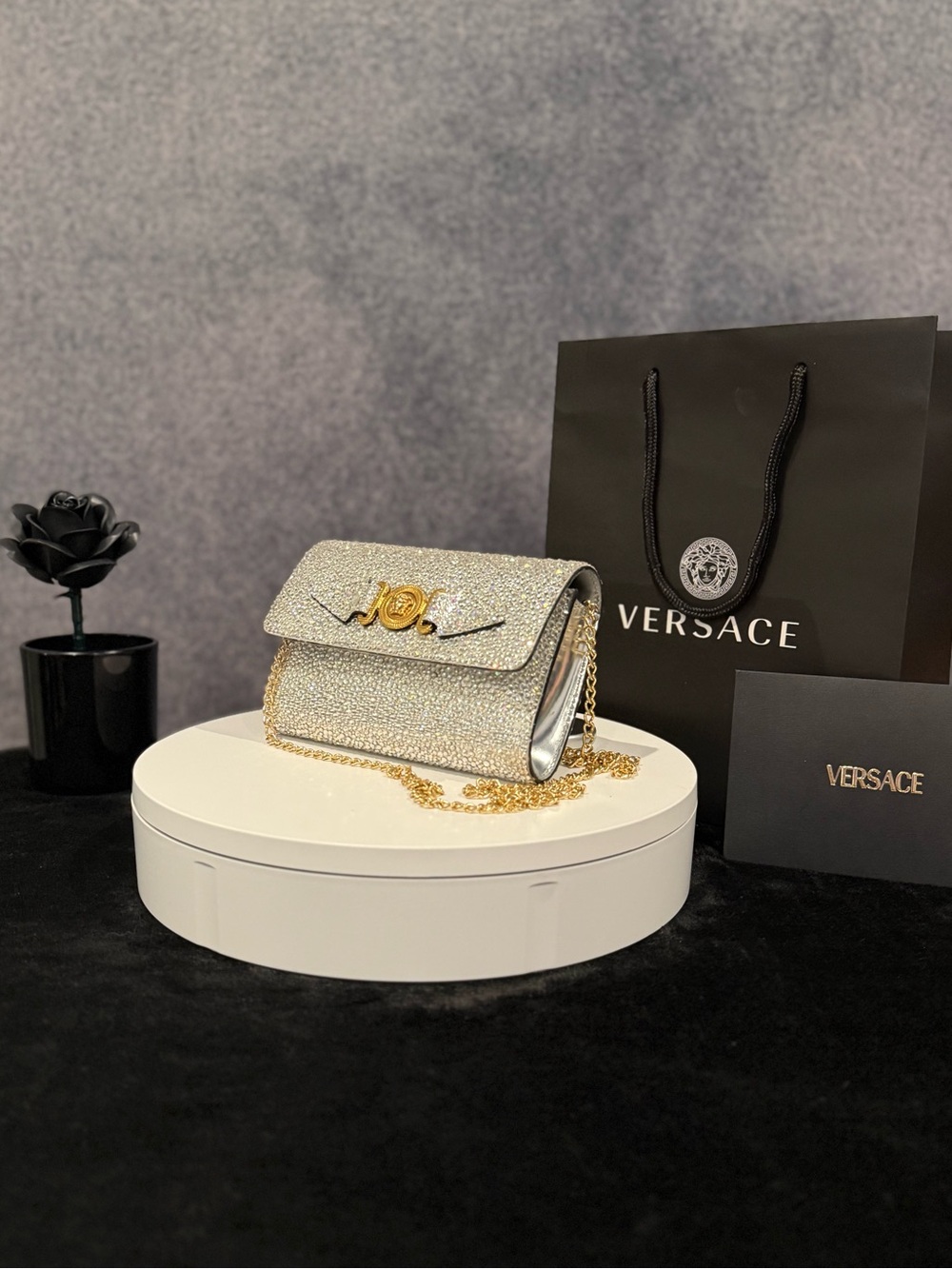 Versace La Medusa Crystal Mini Crossbody Shoulder Clutch Bag Mixed Metals